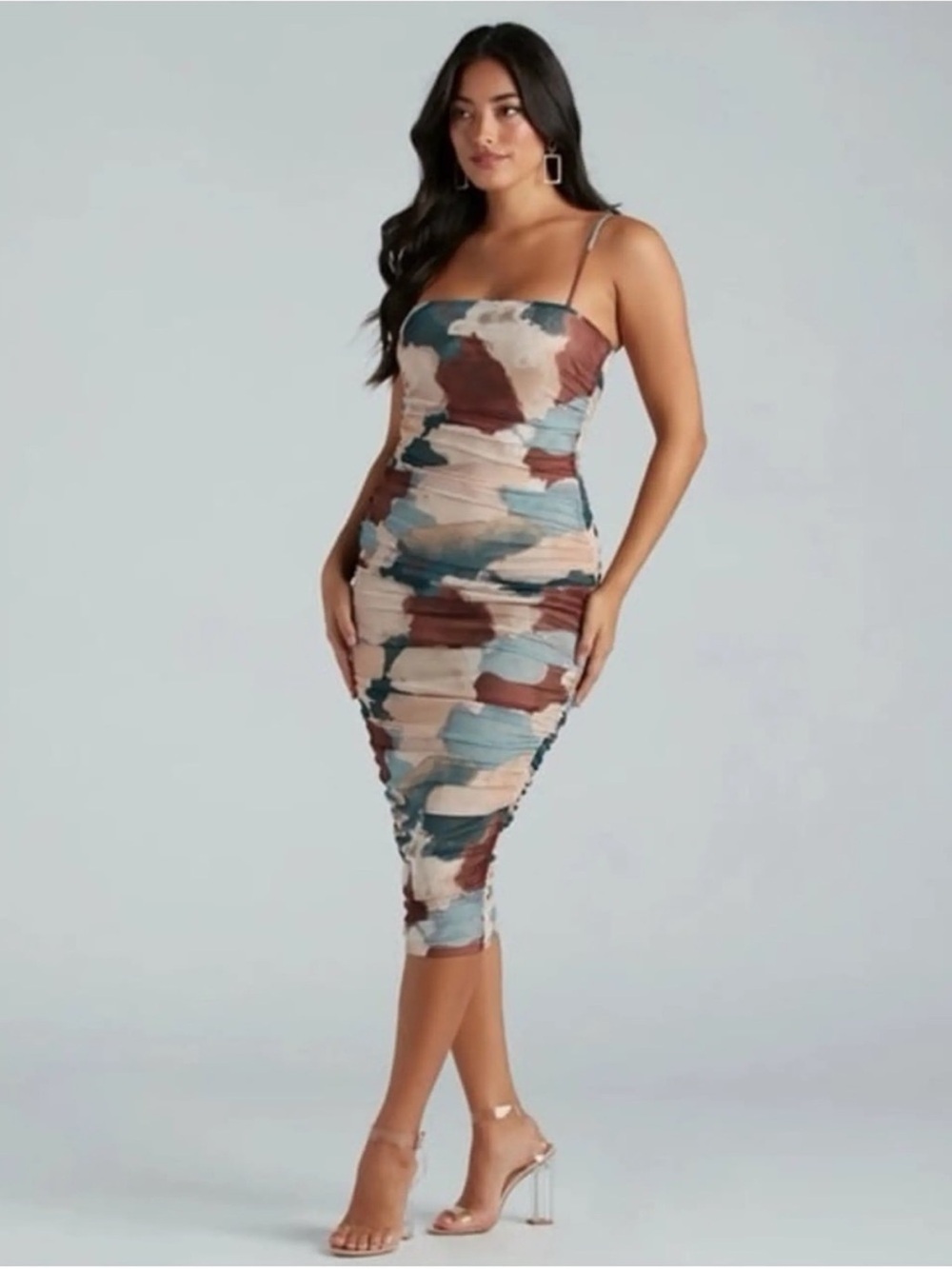 Windsor Sleeveless Ruched Bodycon Midi Dress in Blue, Brown & Cream